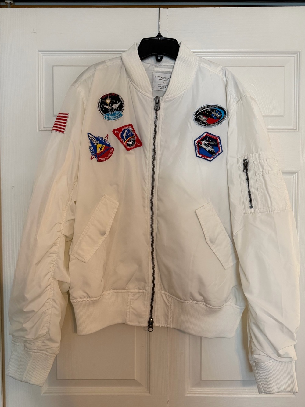 Men's White Bomber Jacket with Patch Details